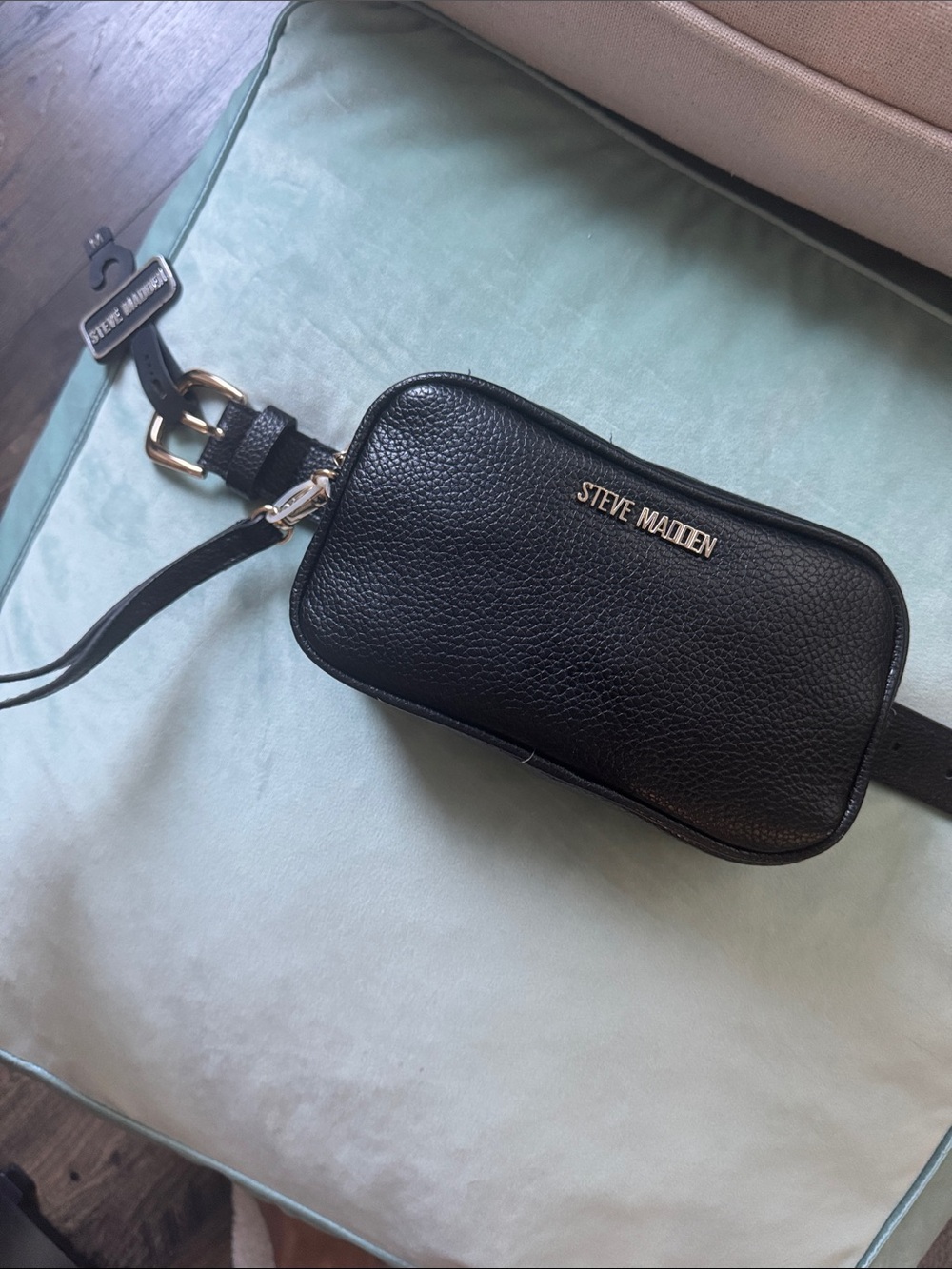 Steve Madden Black Pebbled Leather Waist Bag with Gold Hardware